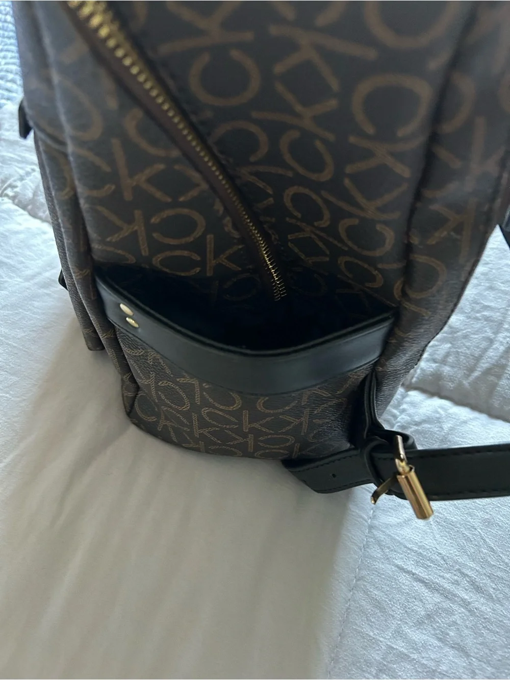 Calvin Klein Brown Monogram Logo Backpack with Gold Hardware